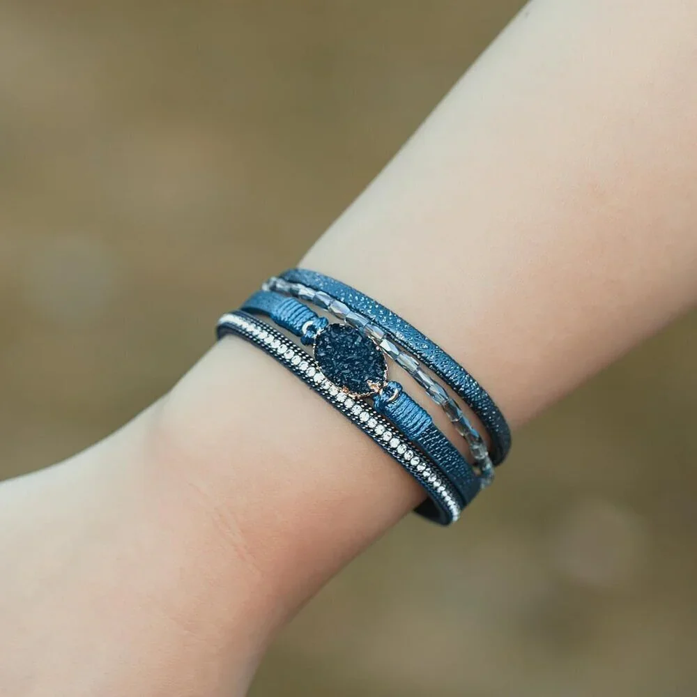 Women's Navy Blue Boho Leather Wrap Stackable Chunky Crystal Cuff Bracelets